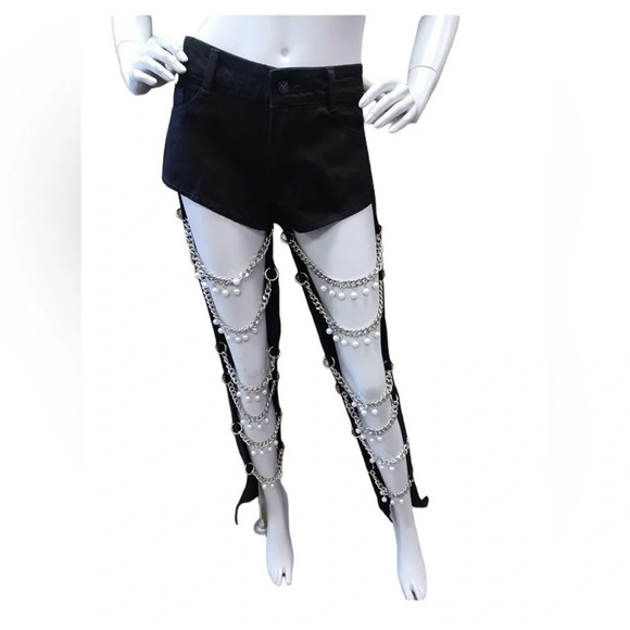 Beulah Chain Linked Pearl Embellished Black Straight Leg Jeans Size Medium - Picture 2 of 14